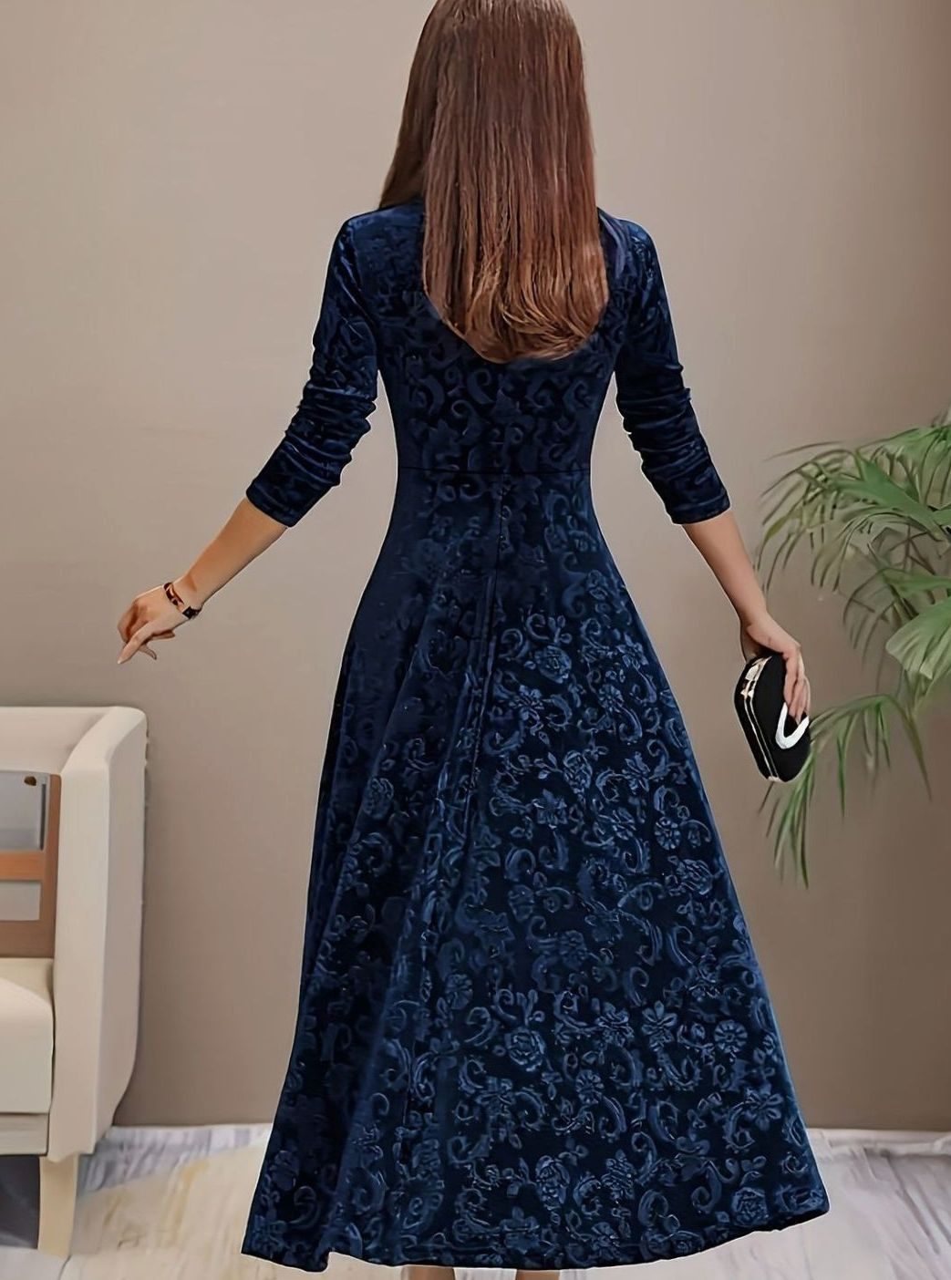 Genevieve-Bernadette | Women's Square-Neck Embossed Velvet Midi Dress