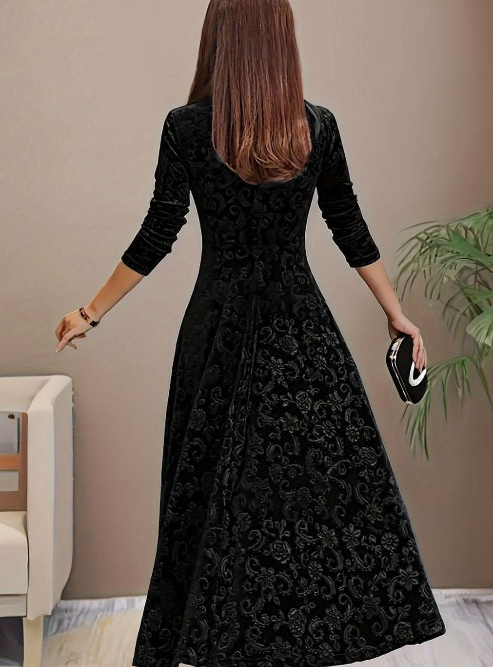 Genevieve-Bernadette | Women's Square-Neck Embossed Velvet Midi Dress