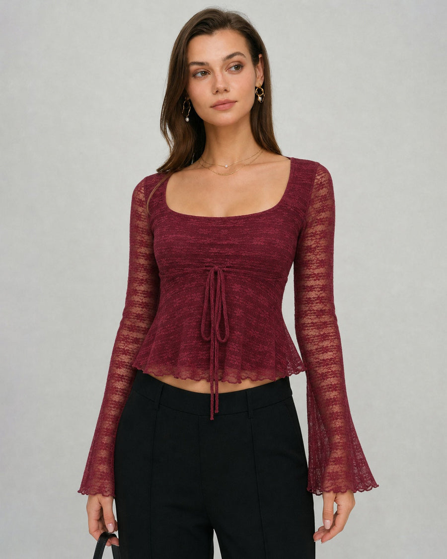 Lydia | Women's Square-Neck Waffle Knit Top with Bell Sleeves