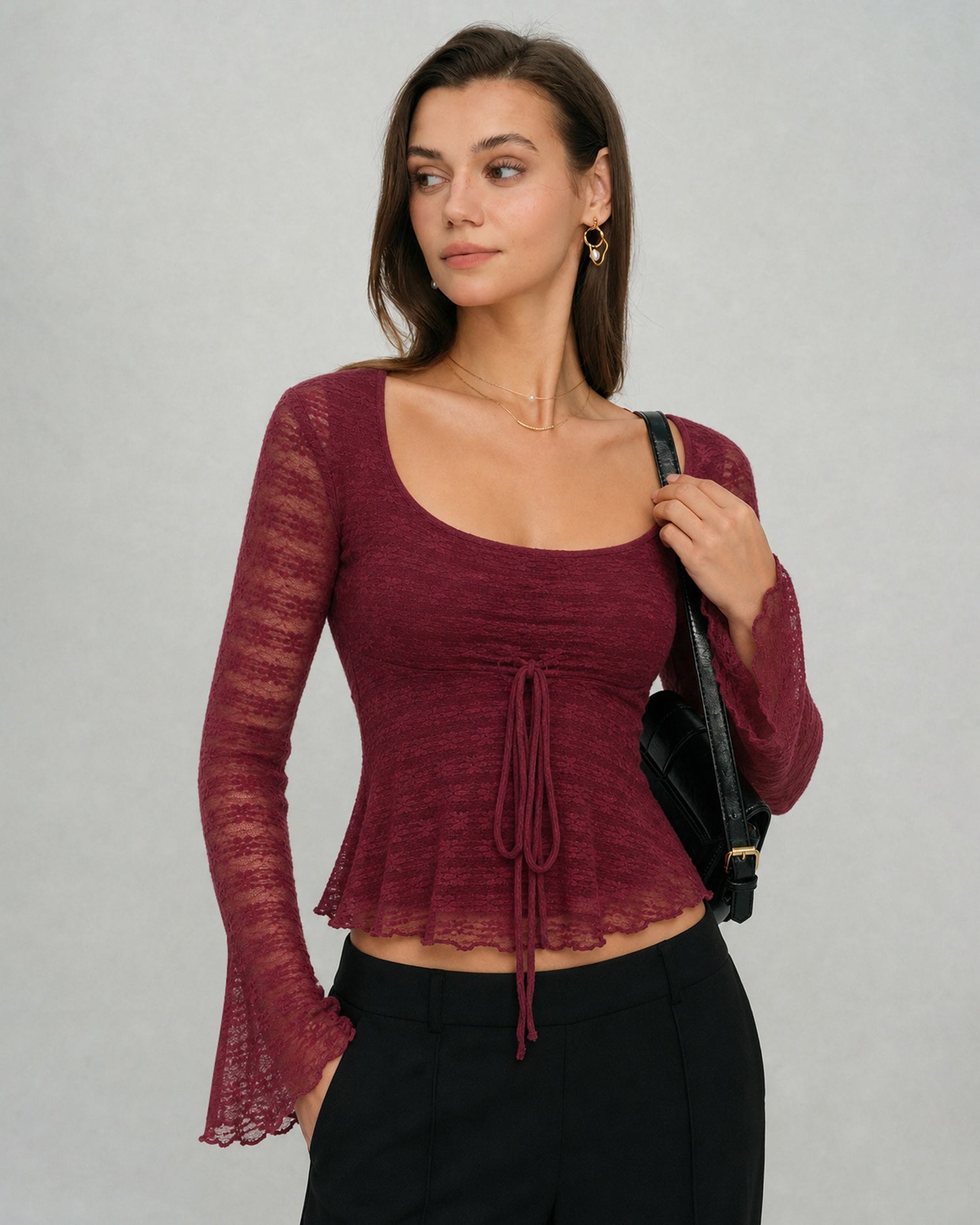 Lydia | Women's Square-Neck Waffle Knit Top with Bell Sleeves