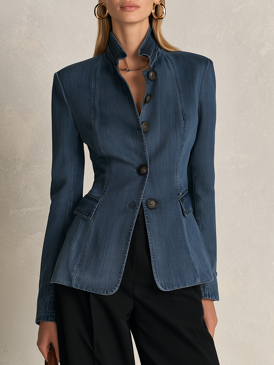 Katharine-Georgia | Women's Stand-Collar Denim Blazer