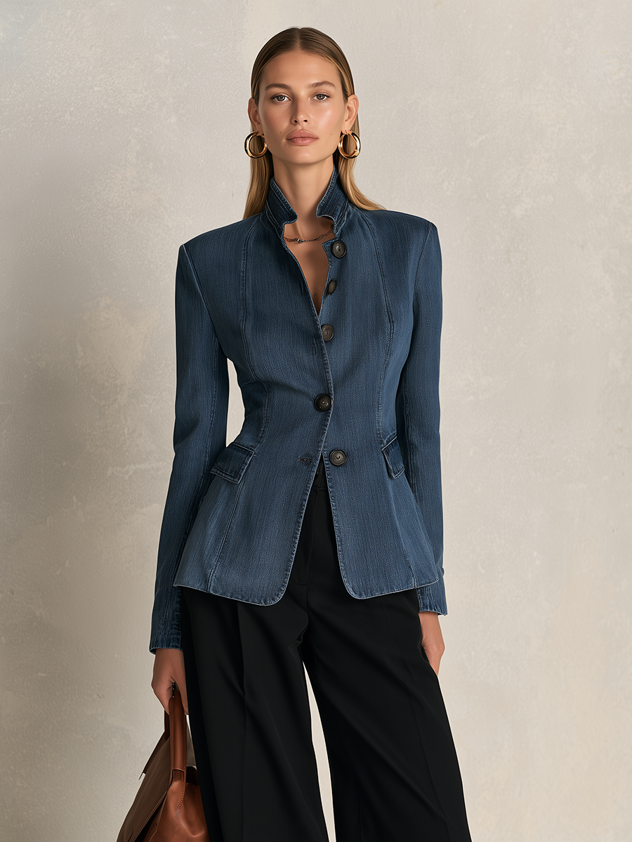 Katharine-Georgia | Women's Stand-Collar Denim Blazer
