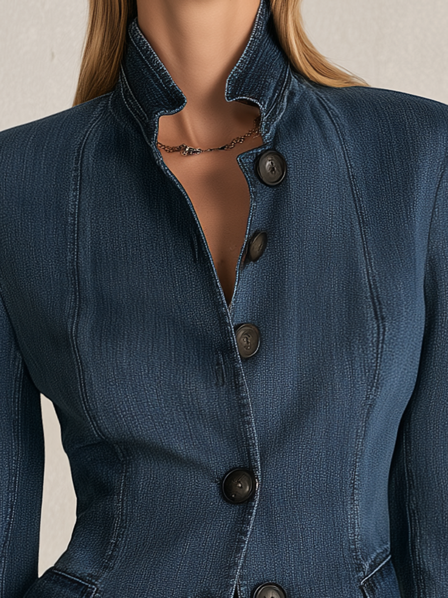Katharine-Georgia | Women's Stand-Collar Denim Blazer