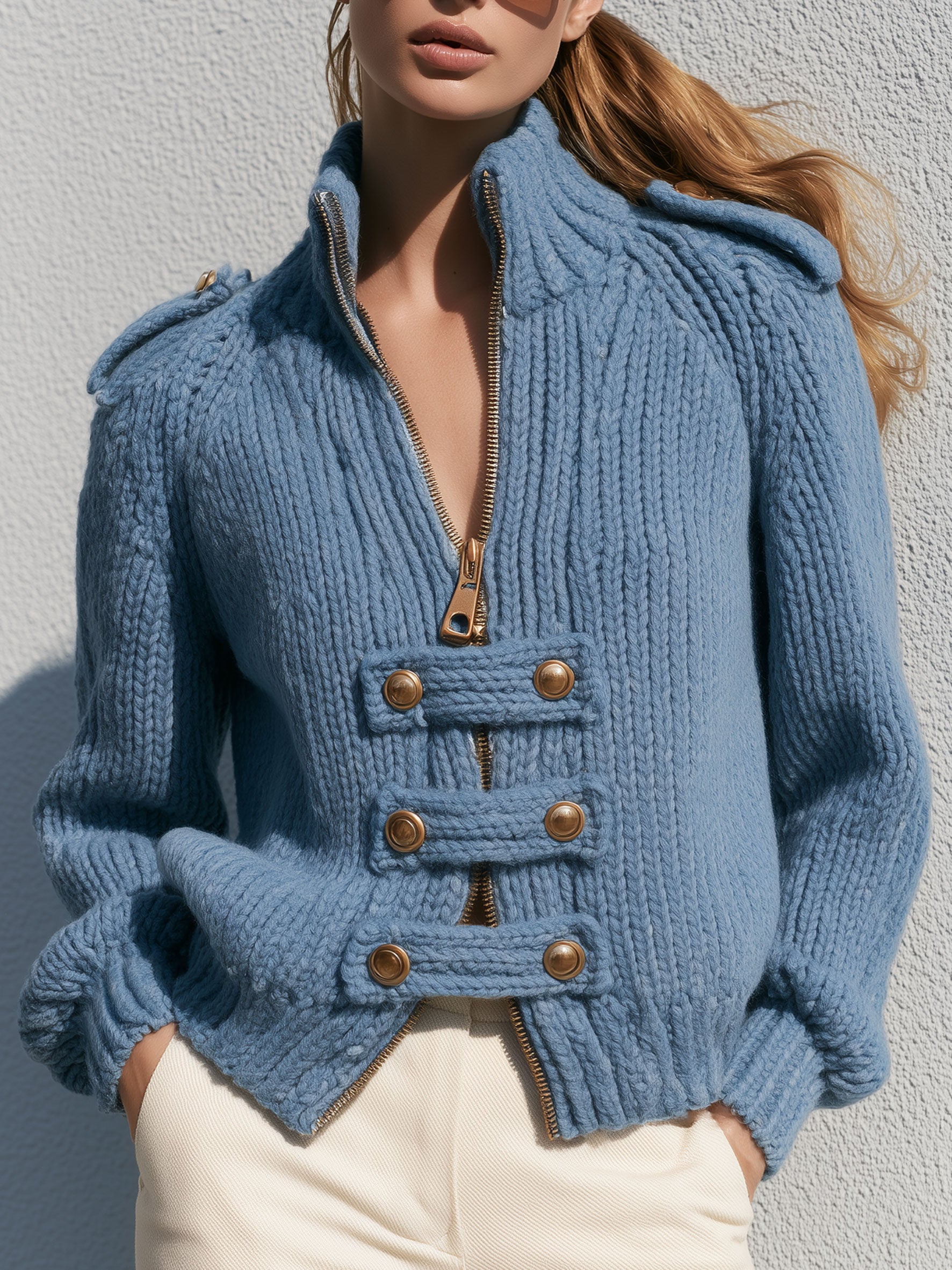 Dorothea | Women's Stand-Collar Zip-Up Knit Denim Jacket