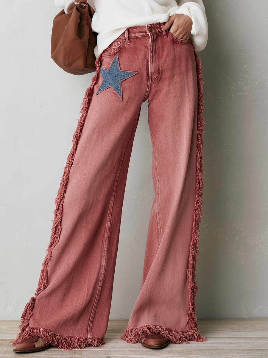 Zelda-Virginia | Women's Star Patch Fringe Wide-Leg Jeans