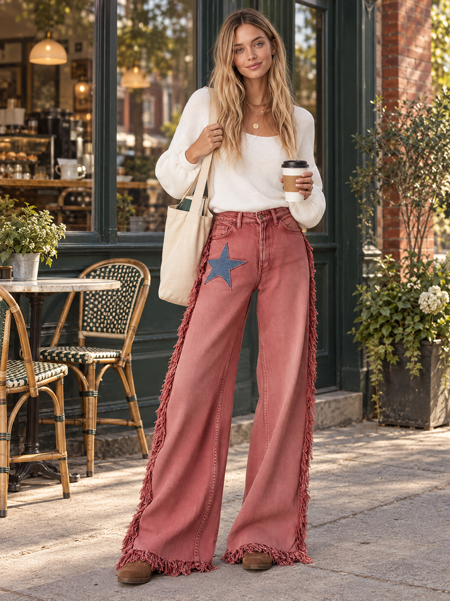Zelda-Virginia | Women's Star Patch Fringe Wide-Leg Jeans