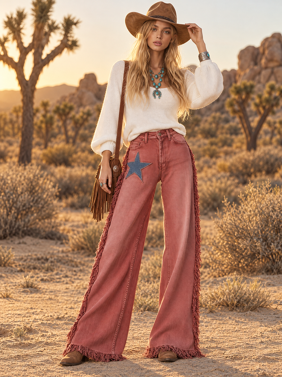 Zelda-Virginia | Women's Star Patch Fringe Wide-Leg Jeans