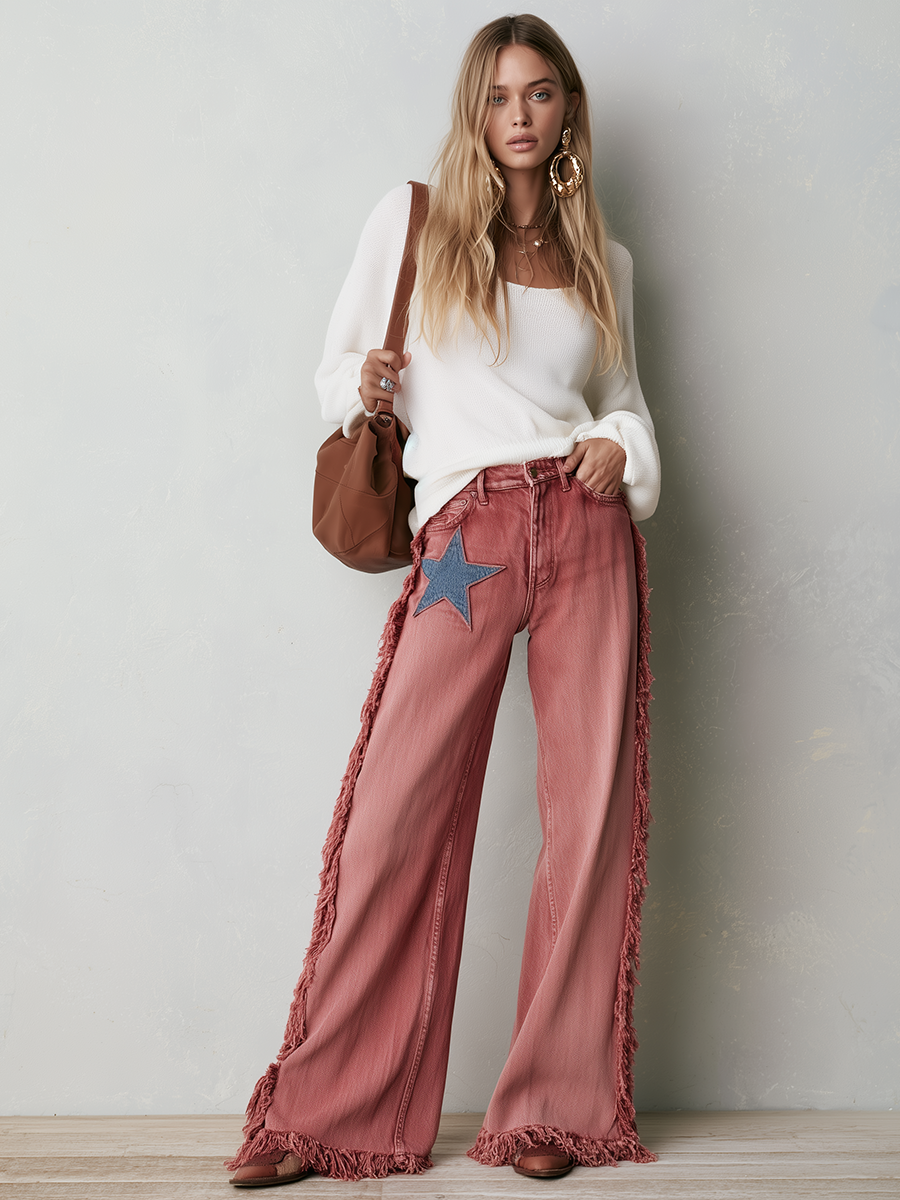 Zelda-Virginia | Women's Star Patch Fringe Wide-Leg Jeans