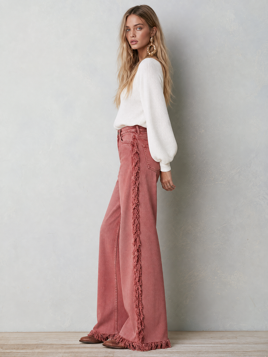 Zelda-Virginia | Women's Star Patch Fringe Wide-Leg Jeans