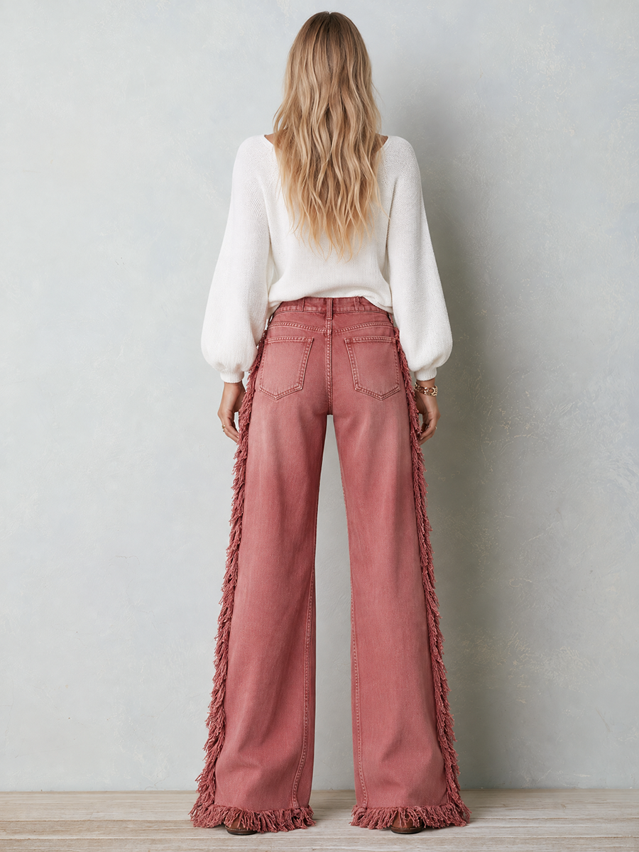 Zelda-Virginia | Women's Star Patch Fringe Wide-Leg Jeans