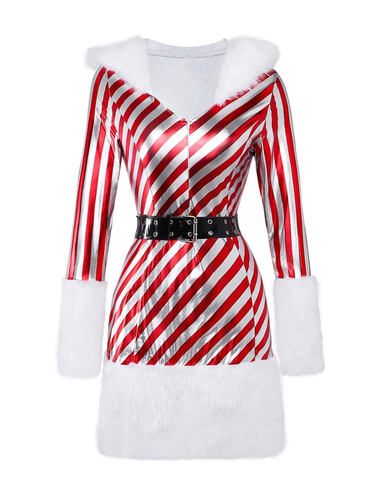 Erna-Maureen | Women's Striped Hooded Mini Dress Set with Plush Trim & Leg Warmers