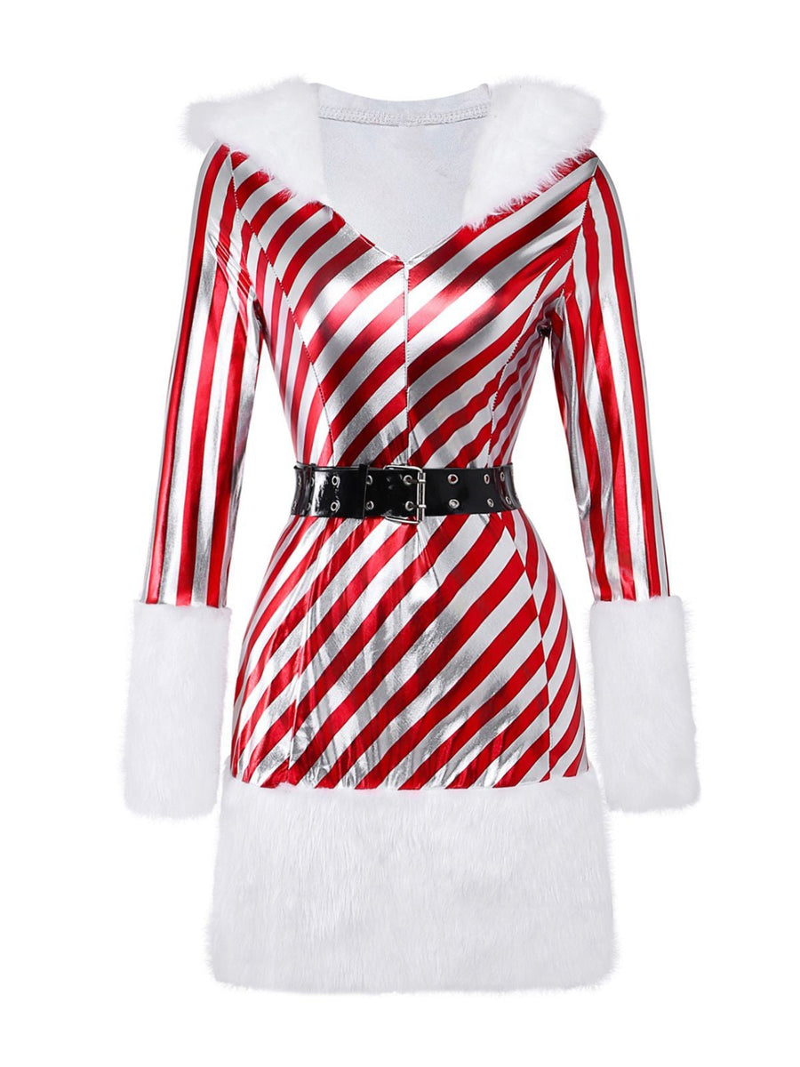 Erna-Maureen | Women's Striped Hooded Mini Dress Set with Plush Trim & Leg Warmers