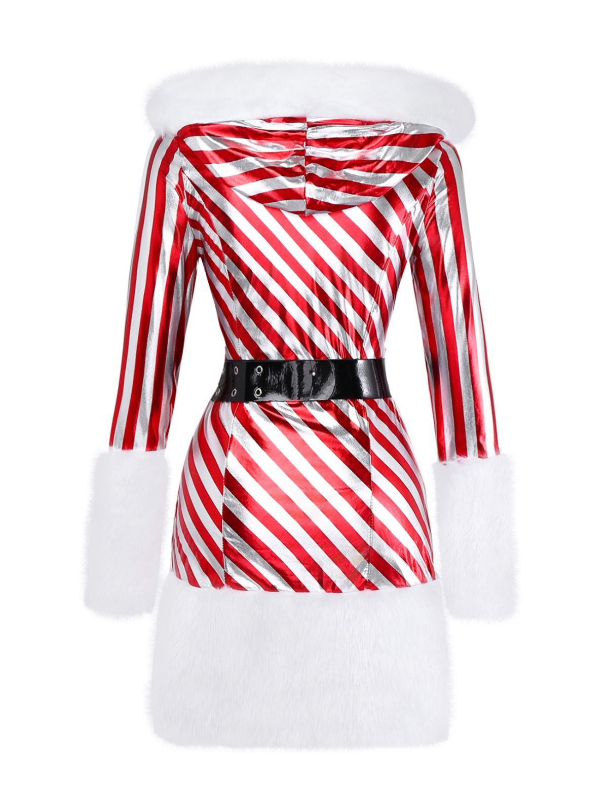 Erna-Maureen | Women's Striped Hooded Mini Dress Set with Plush Trim & Leg Warmers