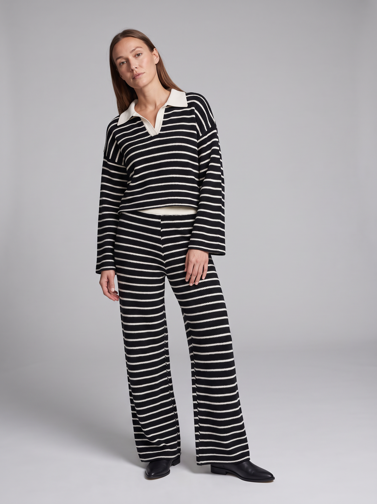 Gwendolyn-Helena | Women's Striped Knit Polo & Wide-Leg Trouser Set