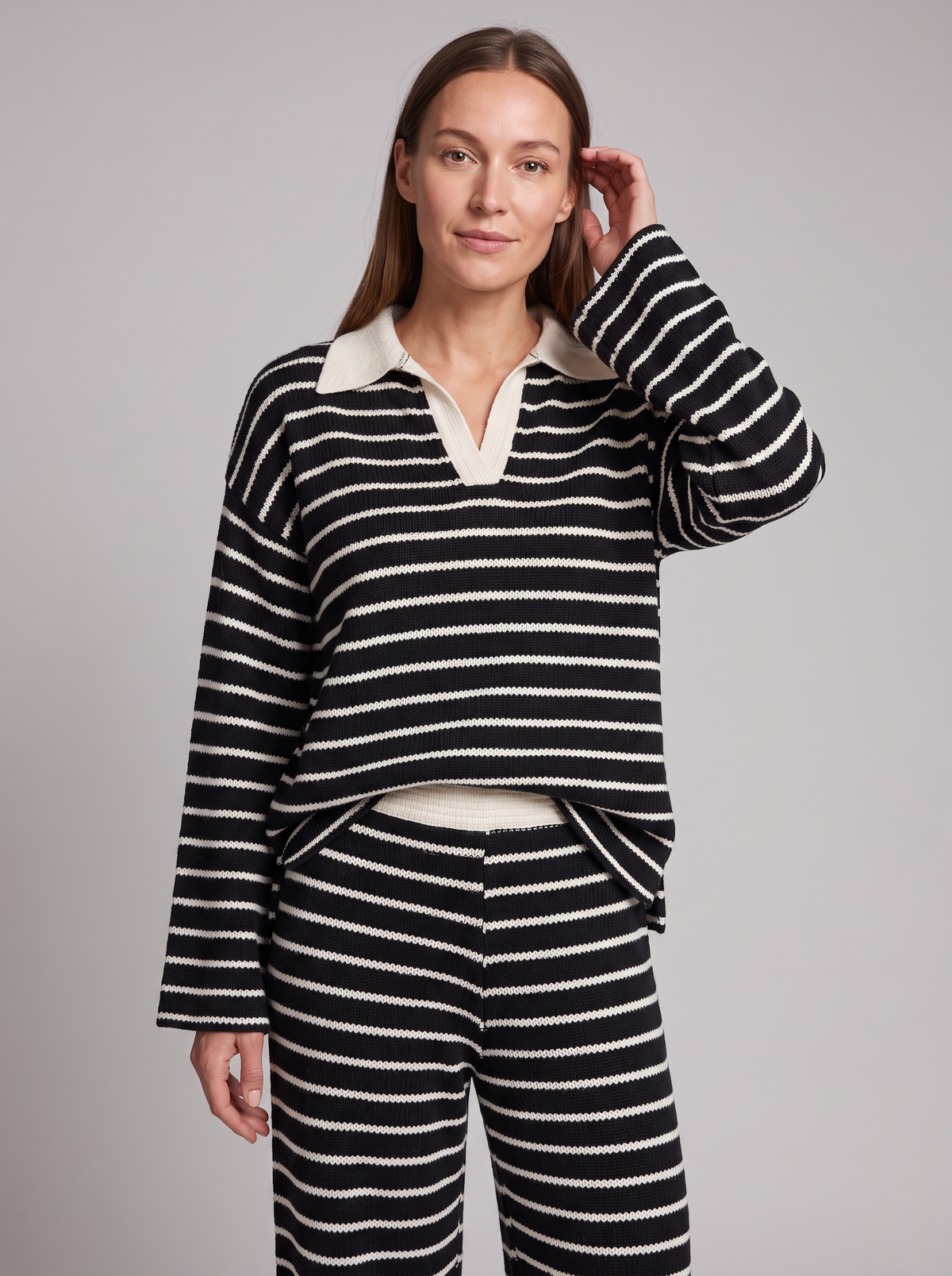 Gwendolyn-Helena | Women's Striped Knit Polo & Wide-Leg Trouser Set