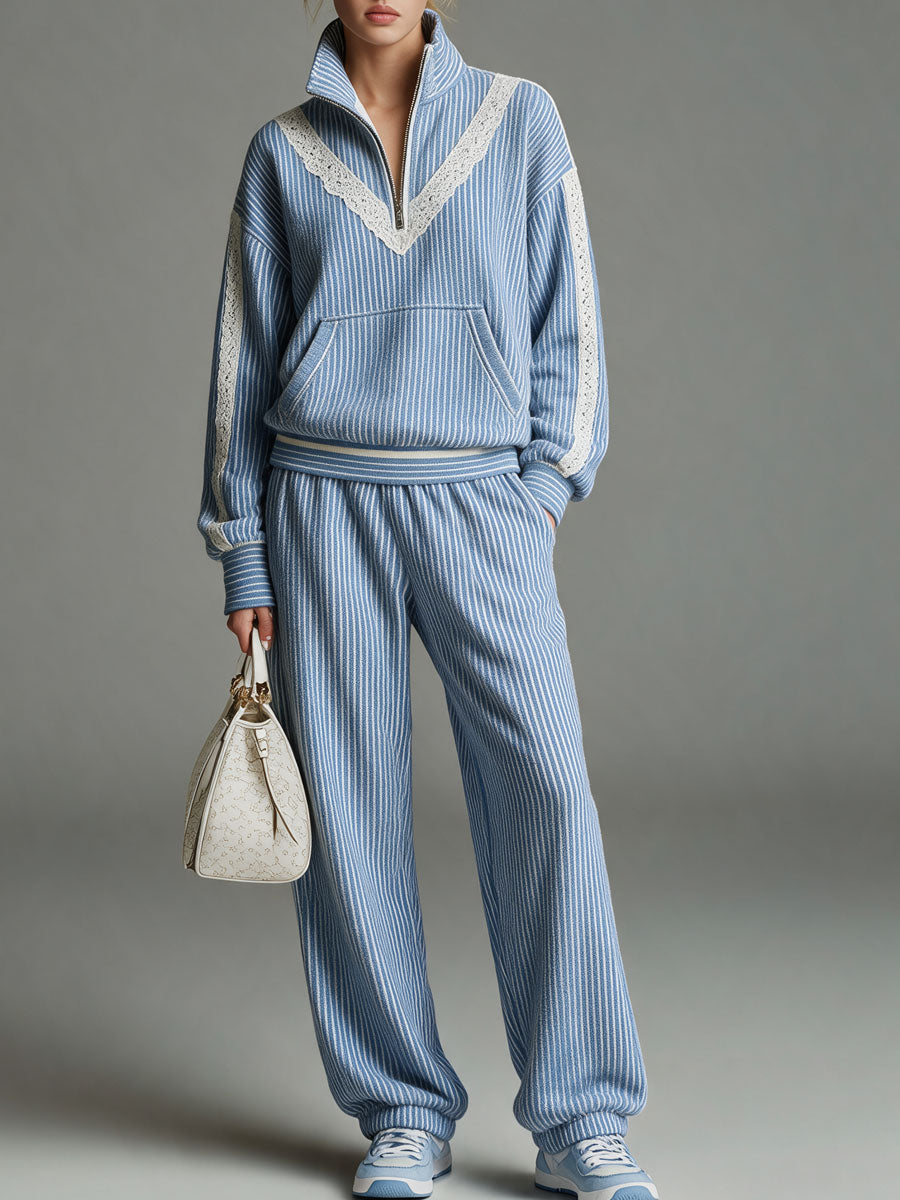 Simone | Women's Striped Lace-Trim Jogger Set