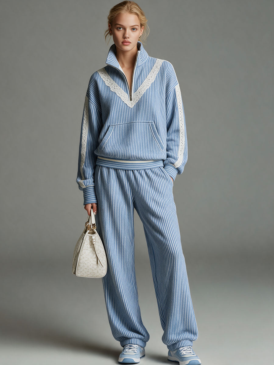 Simone | Women's Striped Lace-Trim Jogger Set