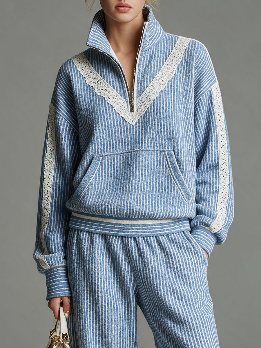 Simone | Women's Striped Lace-Trim Jogger Set