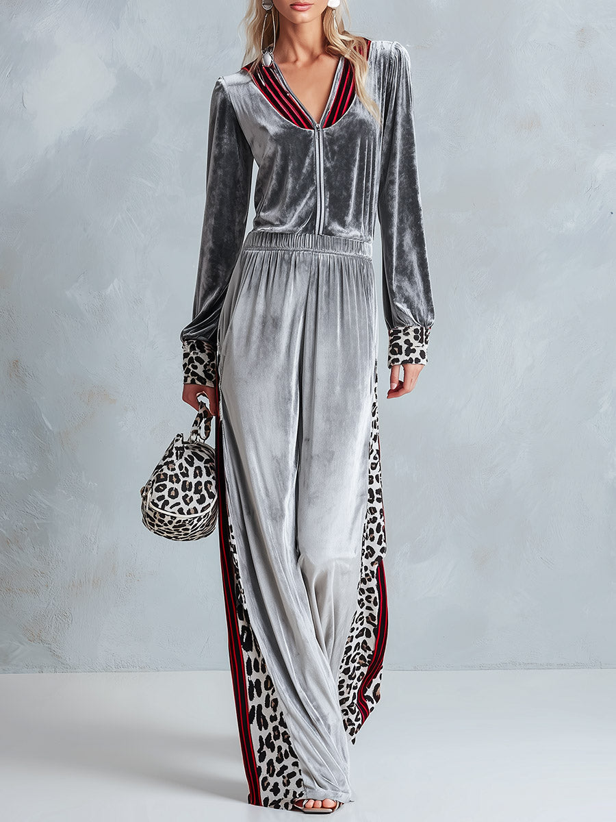Georgia-Celeste | Women's Striped & Leopard-Trim Velour Jumpsuit