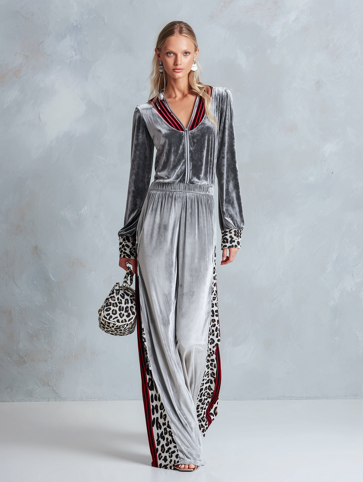 Georgia-Celeste | Women's Striped & Leopard-Trim Velour Jumpsuit
