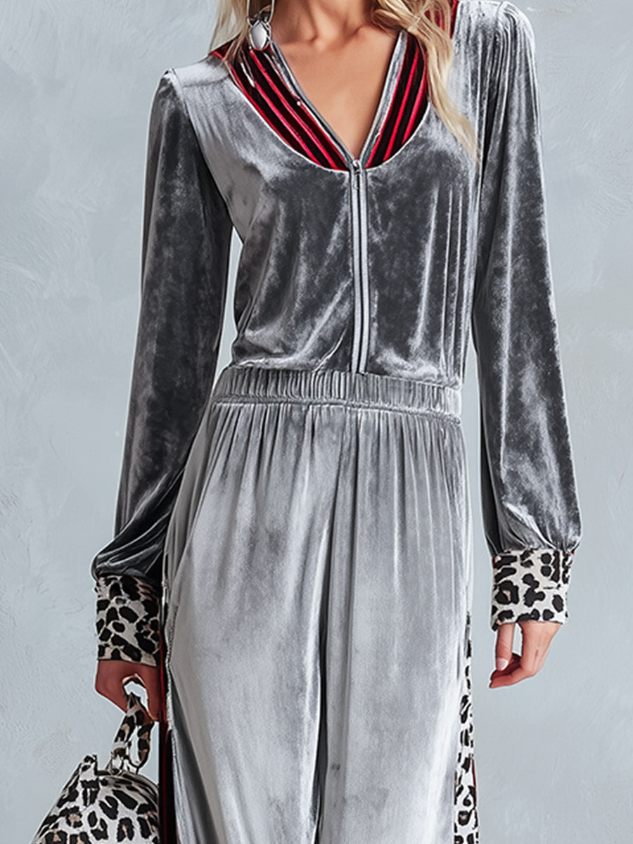 Georgia-Celeste | Women's Striped & Leopard-Trim Velour Jumpsuit