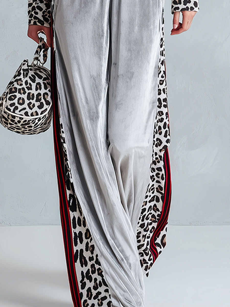 Georgia-Celeste | Women's Striped & Leopard-Trim Velour Jumpsuit