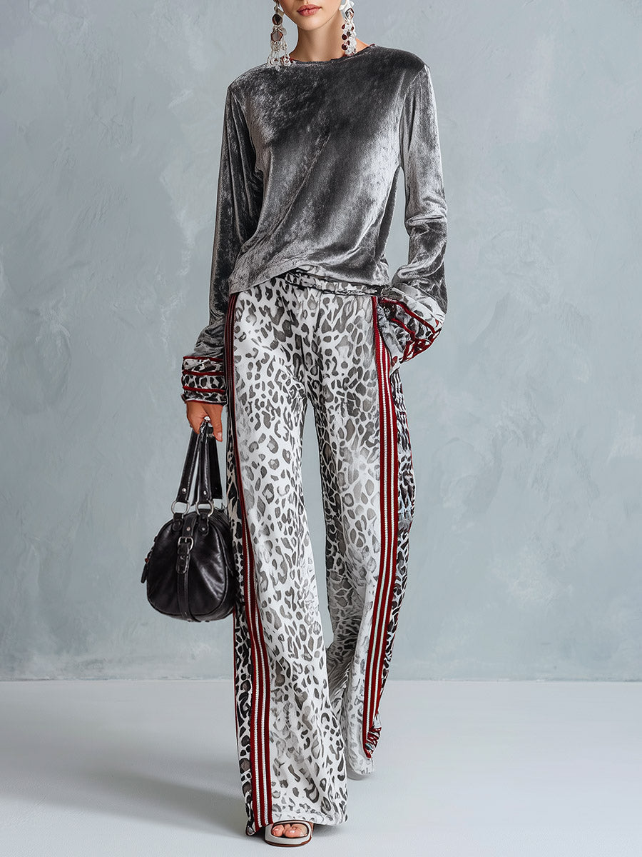 Ursula | Women's Striped-Trim Tee and Leopard-Print Trouser Set