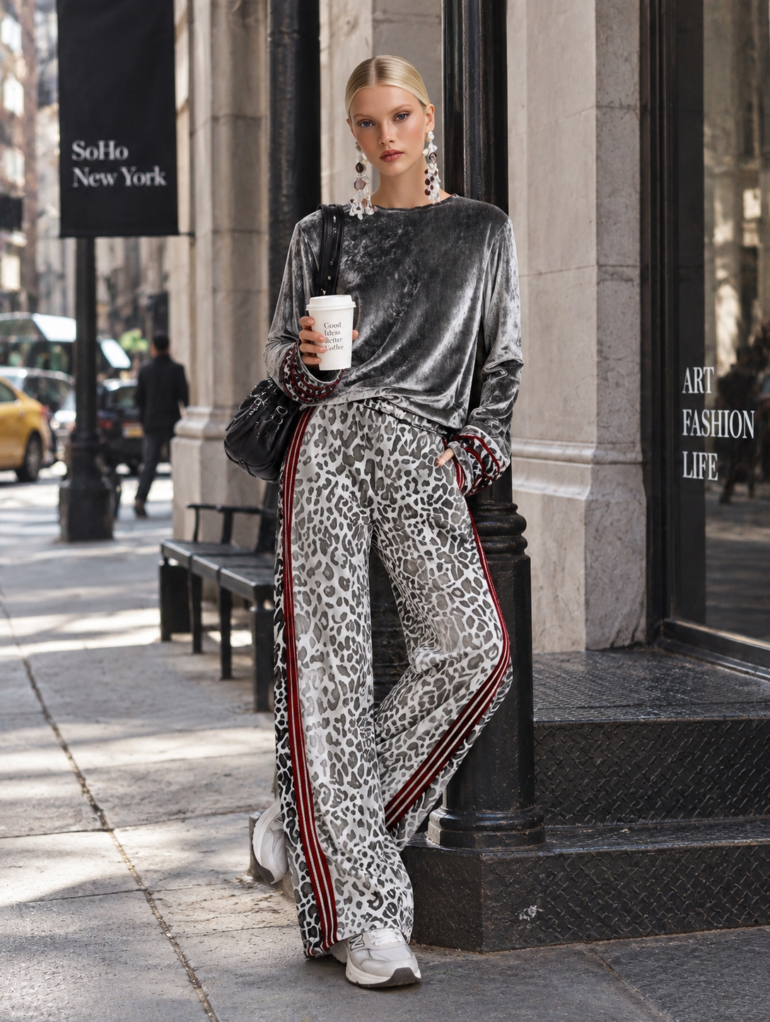 Ursula | Women's Striped-Trim Tee and Leopard-Print Trouser Set