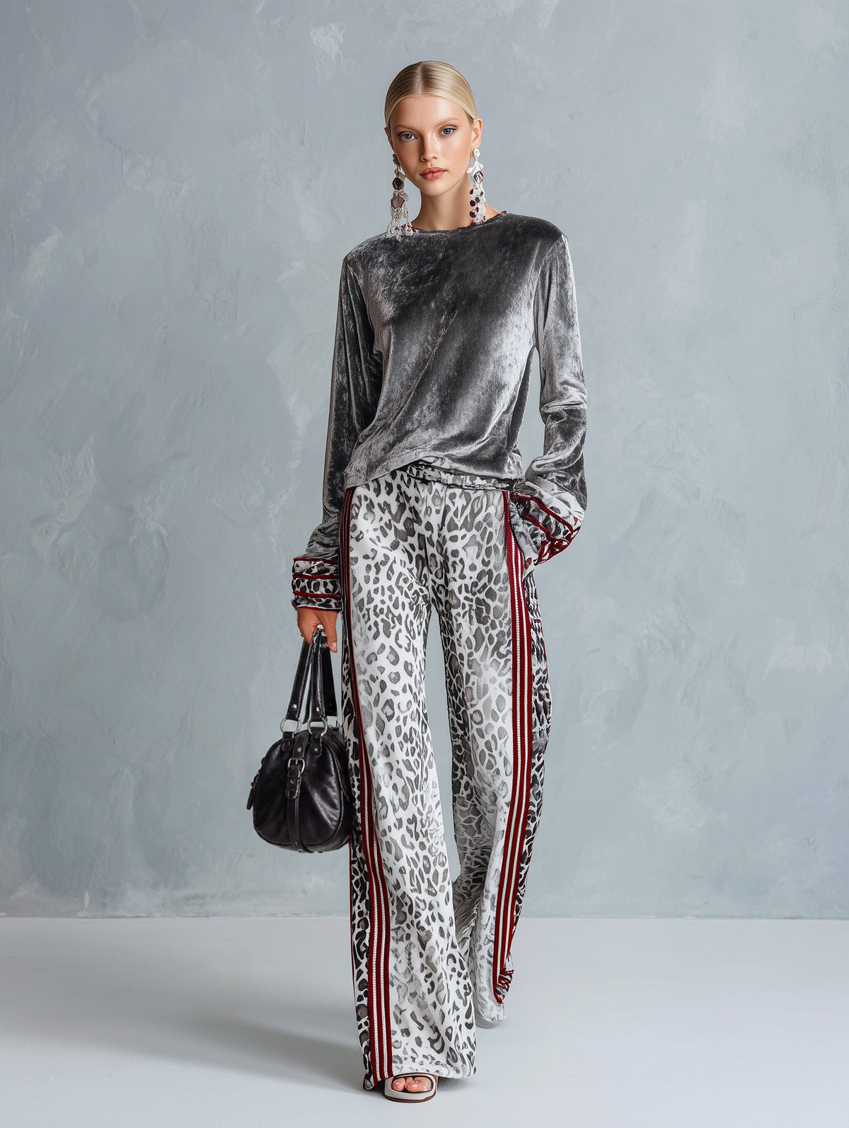 Ursula | Women's Striped-Trim Tee and Leopard-Print Trouser Set