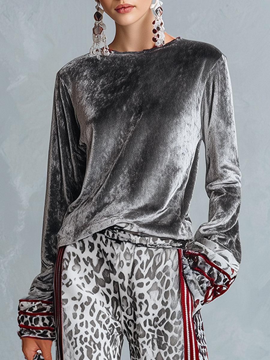 Ursula | Women's Striped-Trim Tee and Leopard-Print Trouser Set