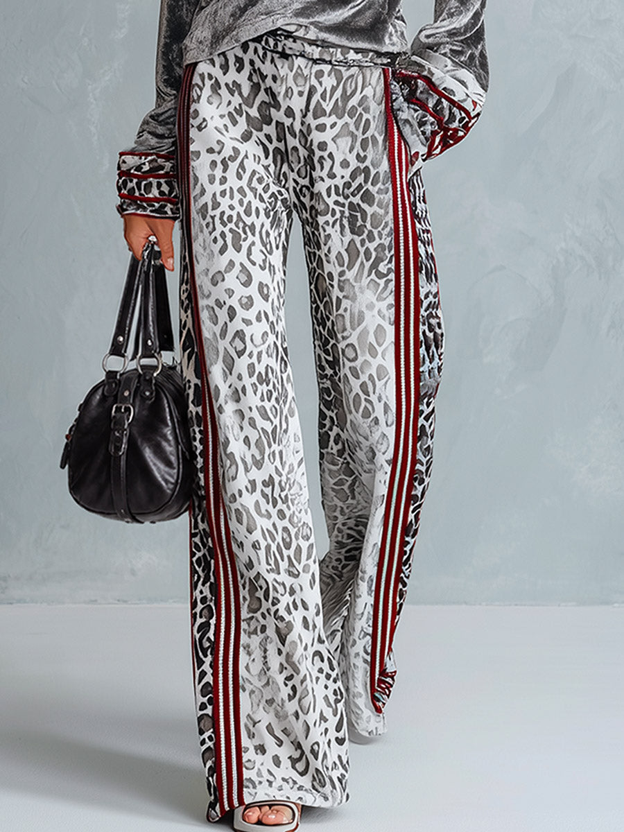 Ursula | Women's Striped-Trim Tee and Leopard-Print Trouser Set