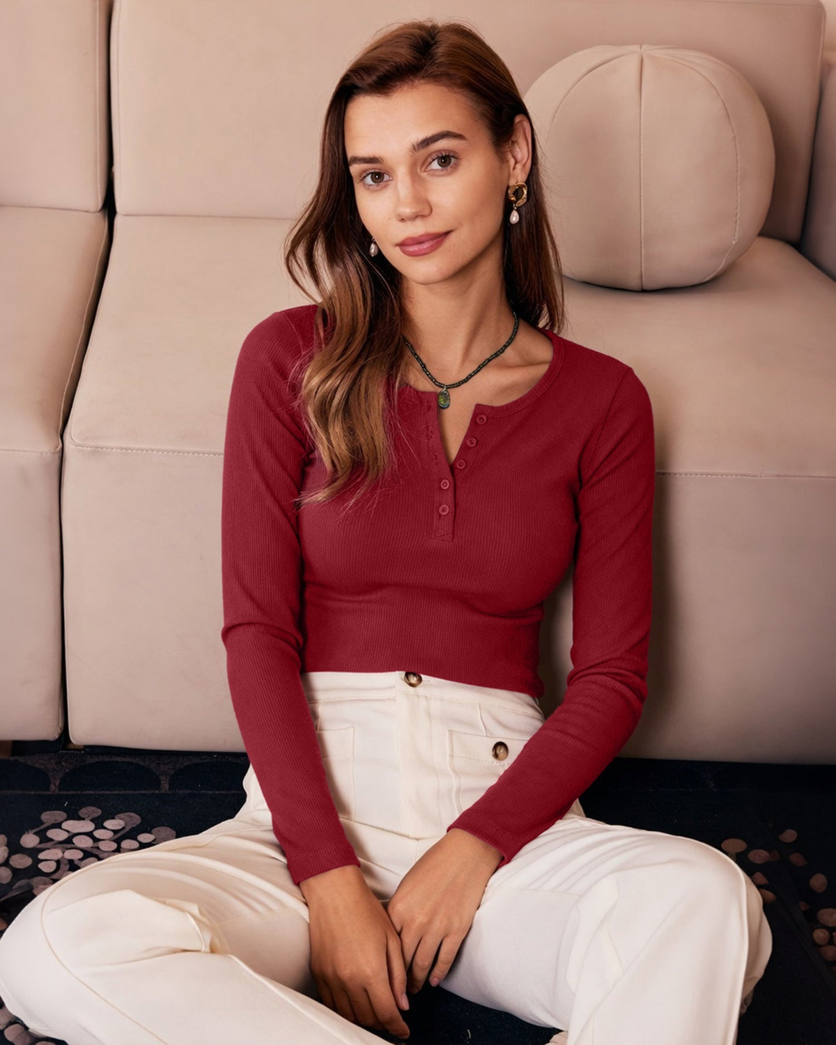 Penelope-Celeste | Women's Textured Button-Knit Waffle Tee