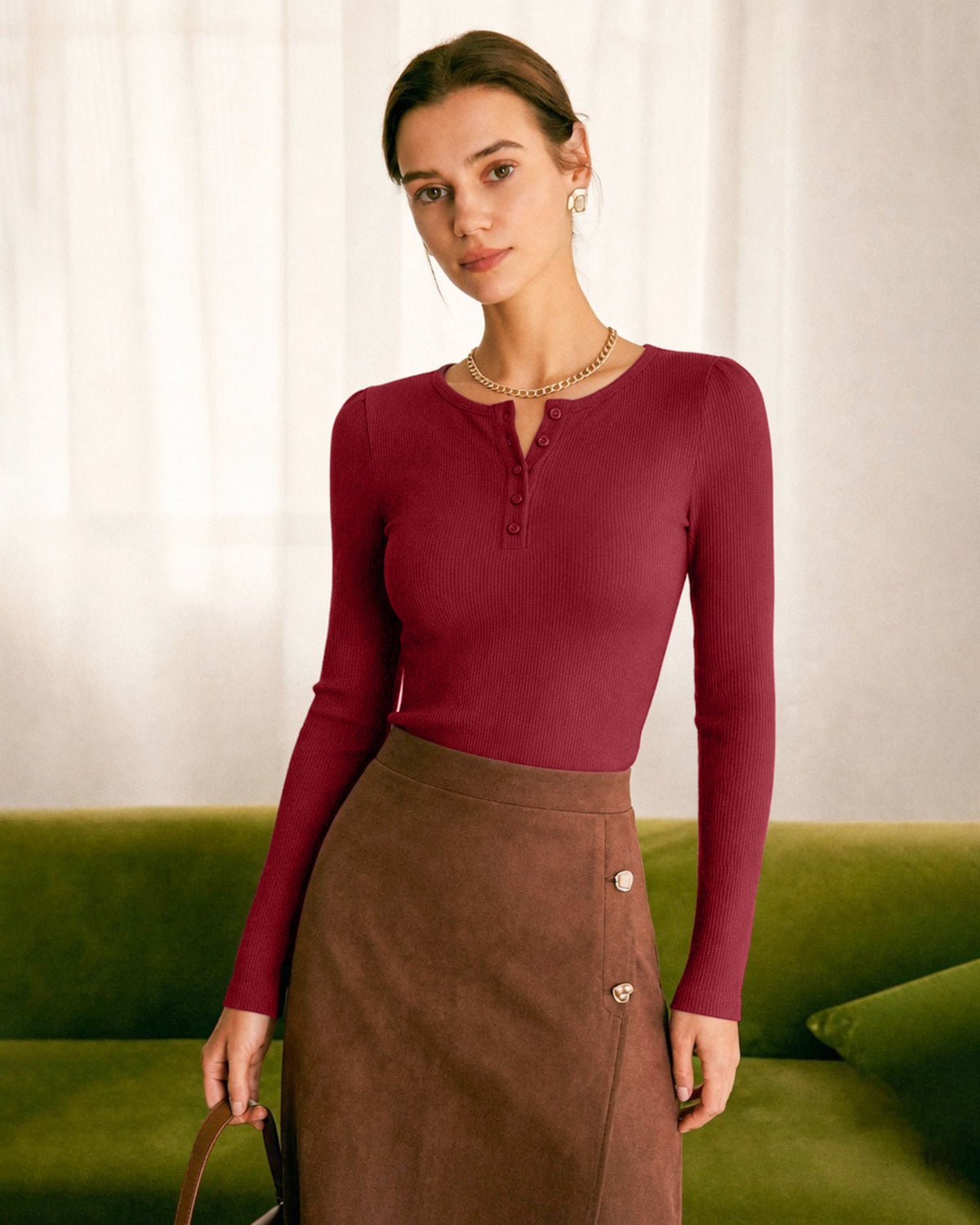 Penelope-Celeste | Women's Textured Button-Knit Waffle Tee