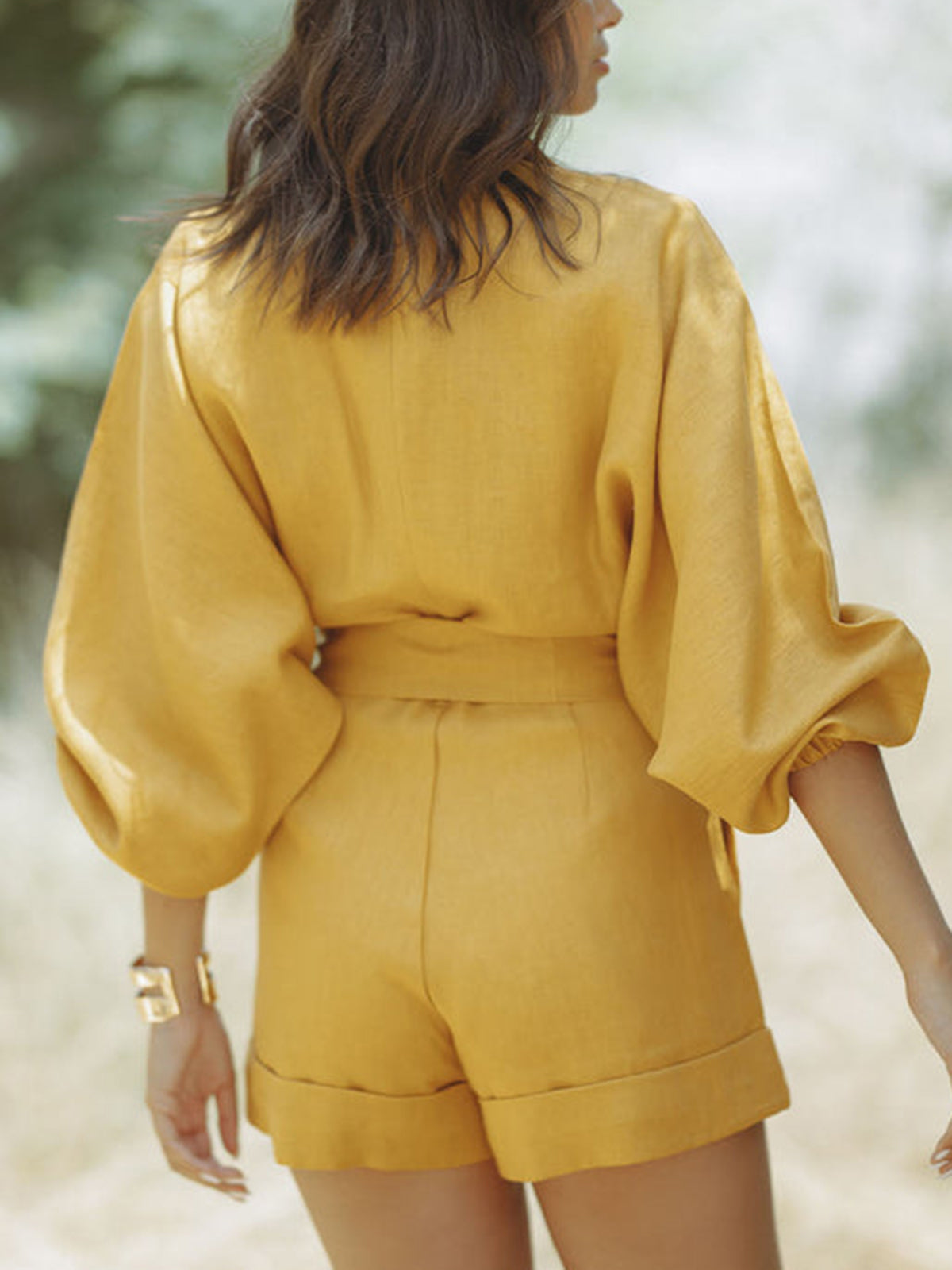 June-Eugenia | Women's Tie-Waist Long-Sleeve Linen Jumpsuit