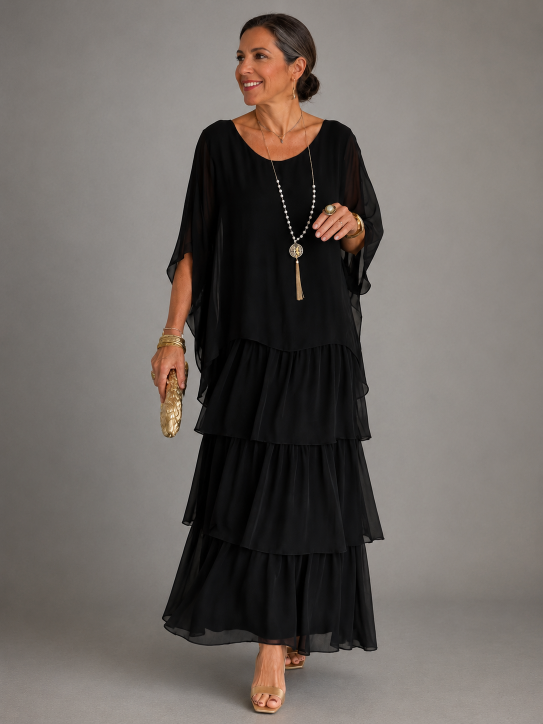 Matilda-Cecile | Women's Tiered Batwing-Sleeve Maxi Dress