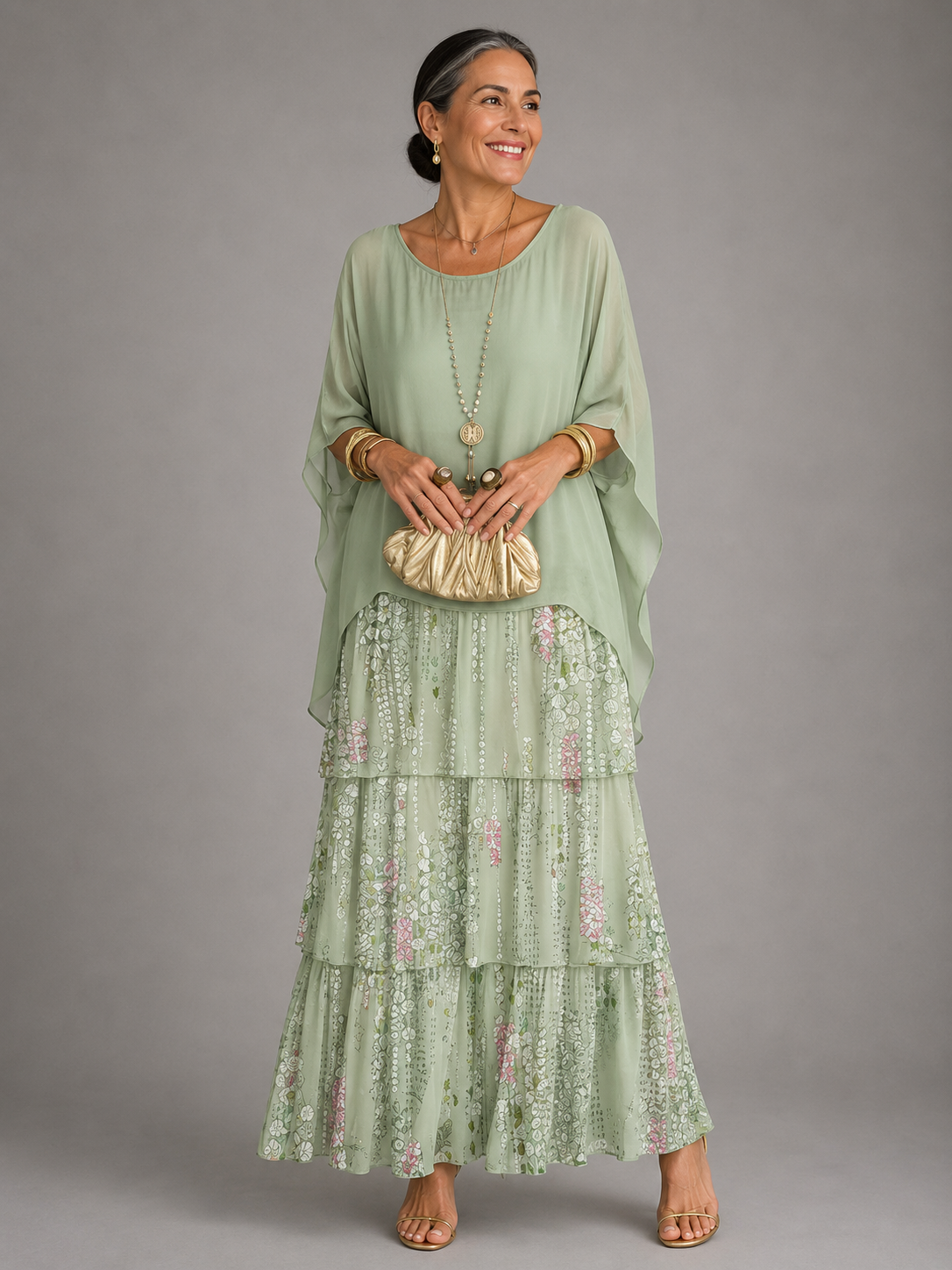 Matilda-Cecile | Women's Tiered Batwing-Sleeve Maxi Dress