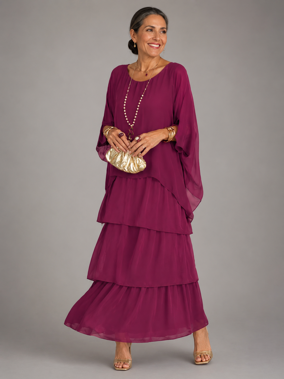 Matilda-Cecile | Women's Tiered Batwing-Sleeve Maxi Dress