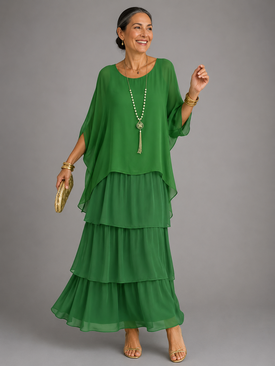 Matilda-Cecile | Women's Tiered Batwing-Sleeve Maxi Dress