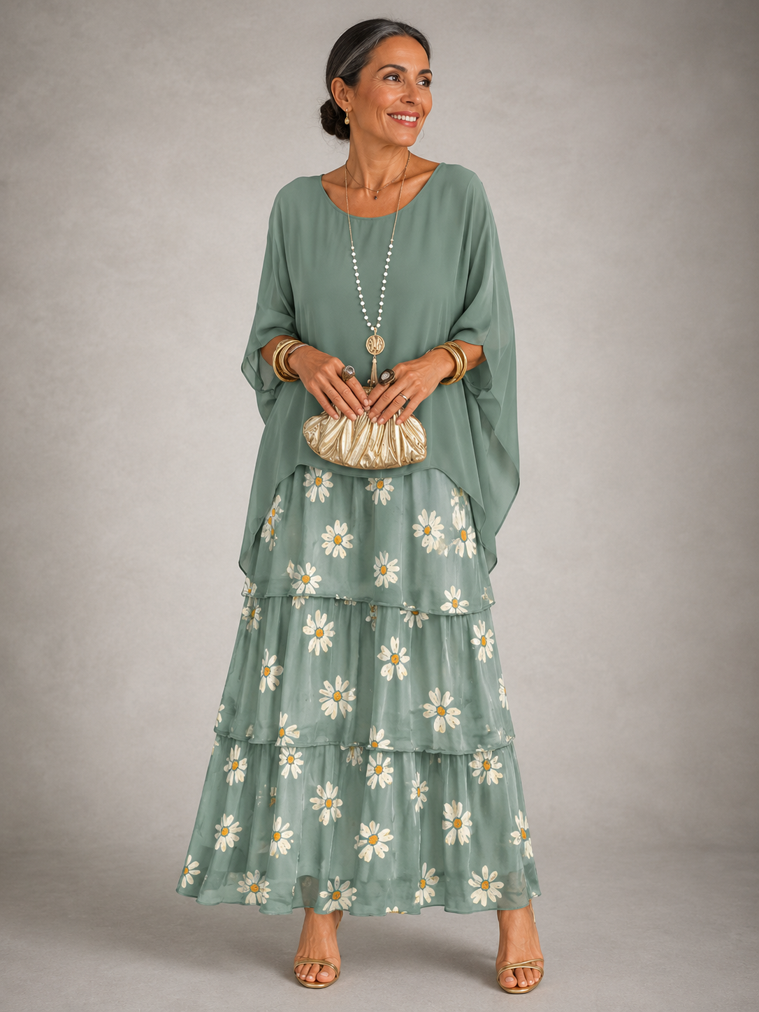 Matilda-Cecile | Women's Tiered Batwing-Sleeve Maxi Dress