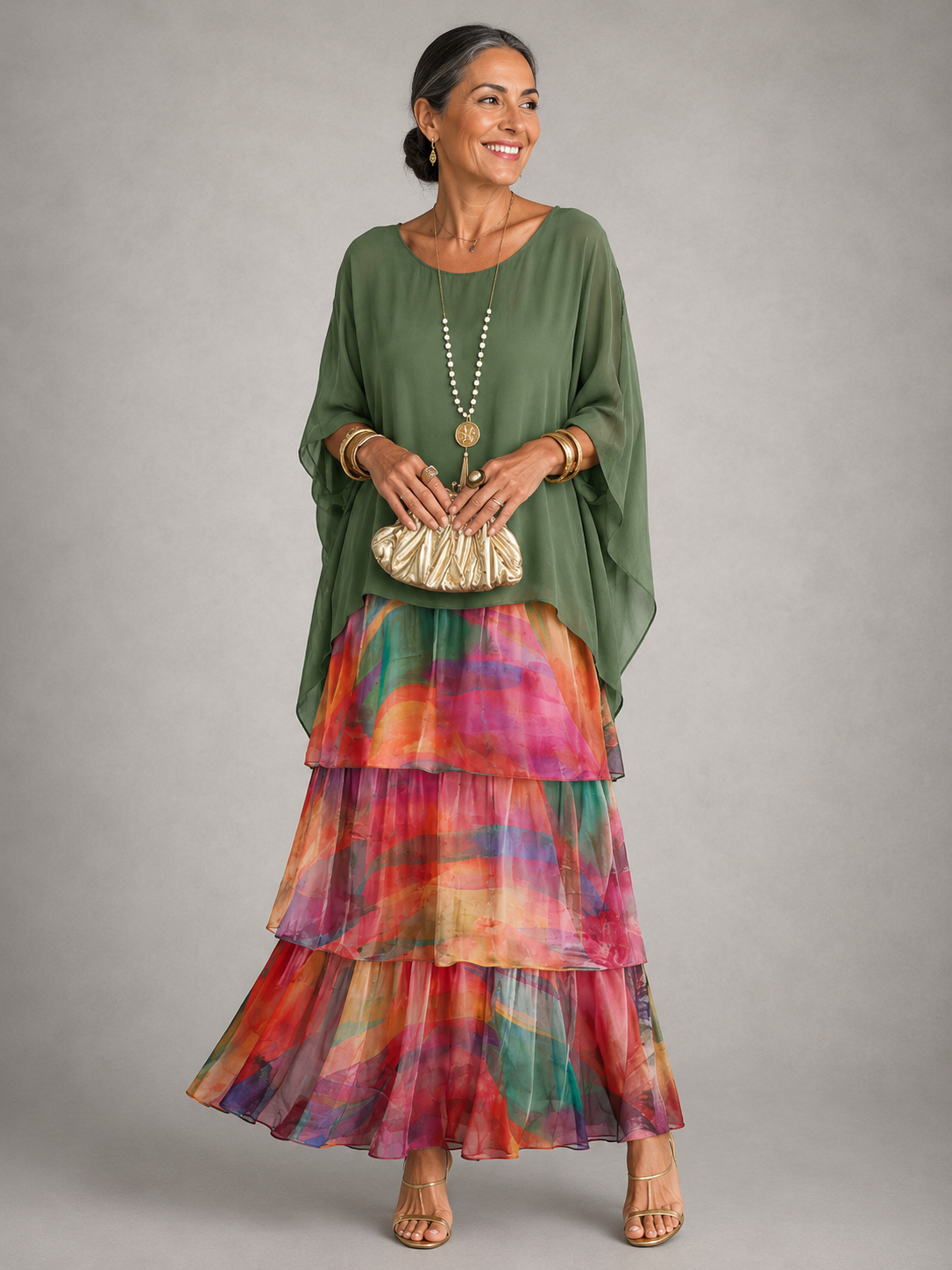 Matilda-Cecile | Women's Tiered Batwing-Sleeve Maxi Dress