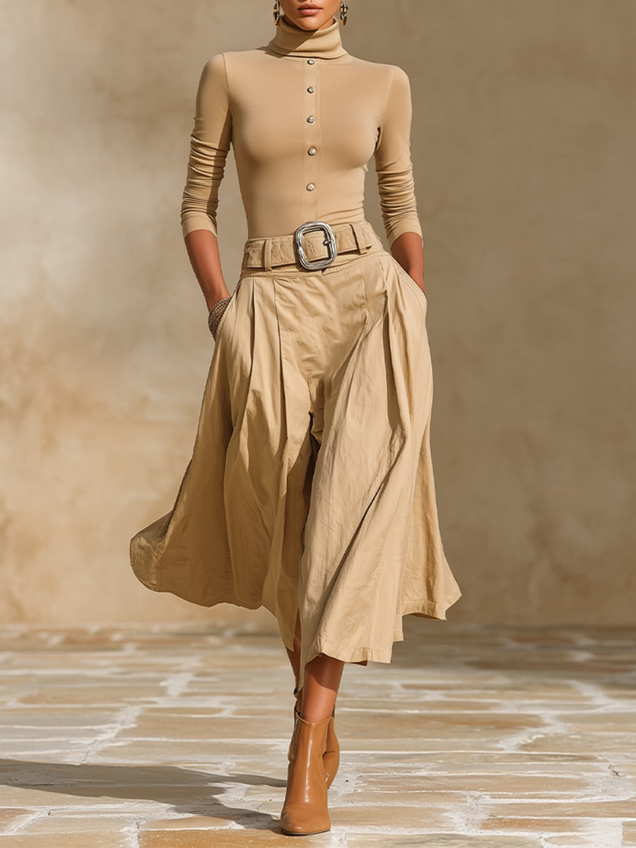 Blanche-Minerva | Women's Turtleneck Top & Pleated Skirt Two-Piece Set