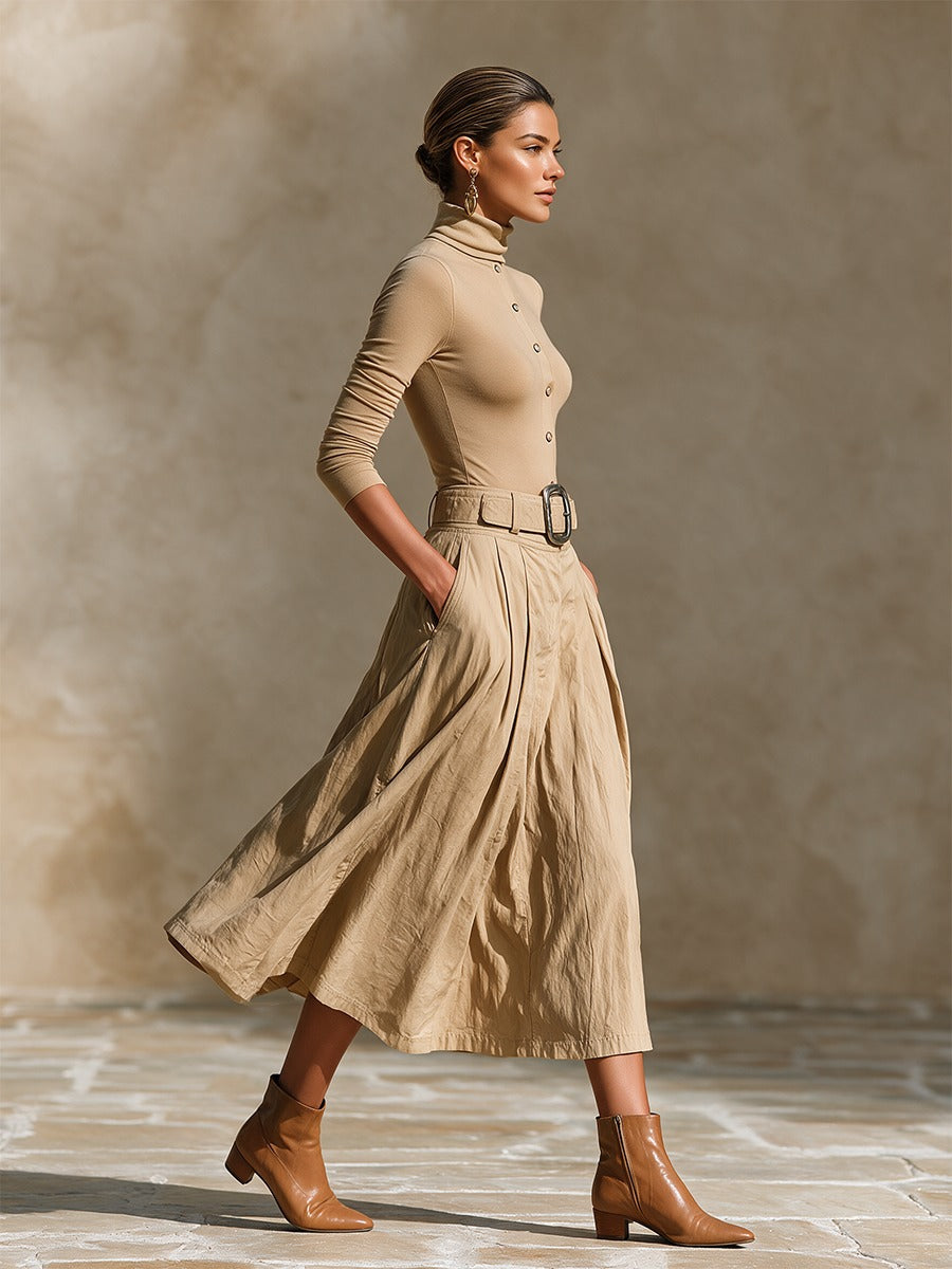 Blanche-Minerva | Women's Turtleneck Top & Pleated Skirt Two-Piece Set