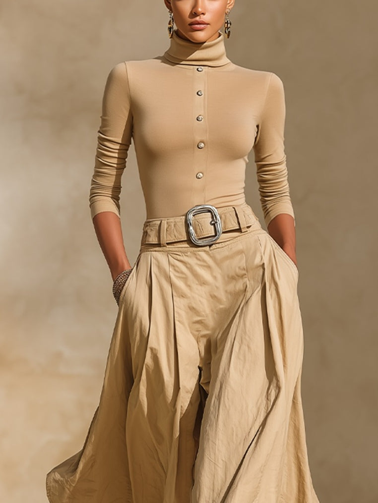 Blanche-Minerva | Women's Turtleneck Top & Pleated Skirt Two-Piece Set