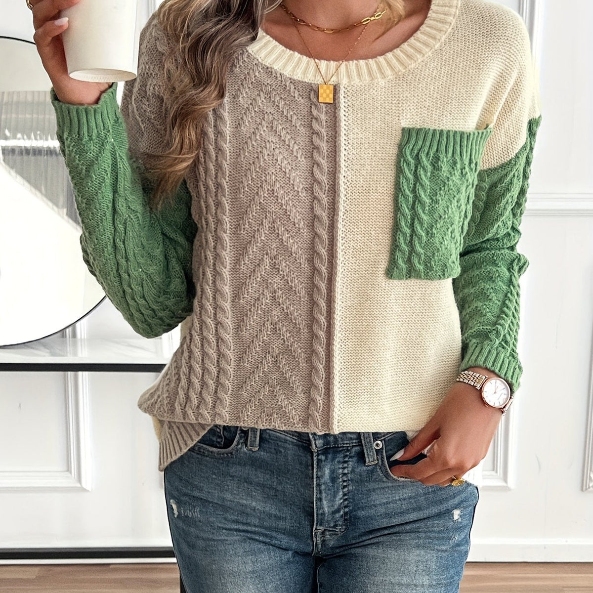 Priscilla-Genevieve | Women's Two-Tone Cable-Knit Sweater