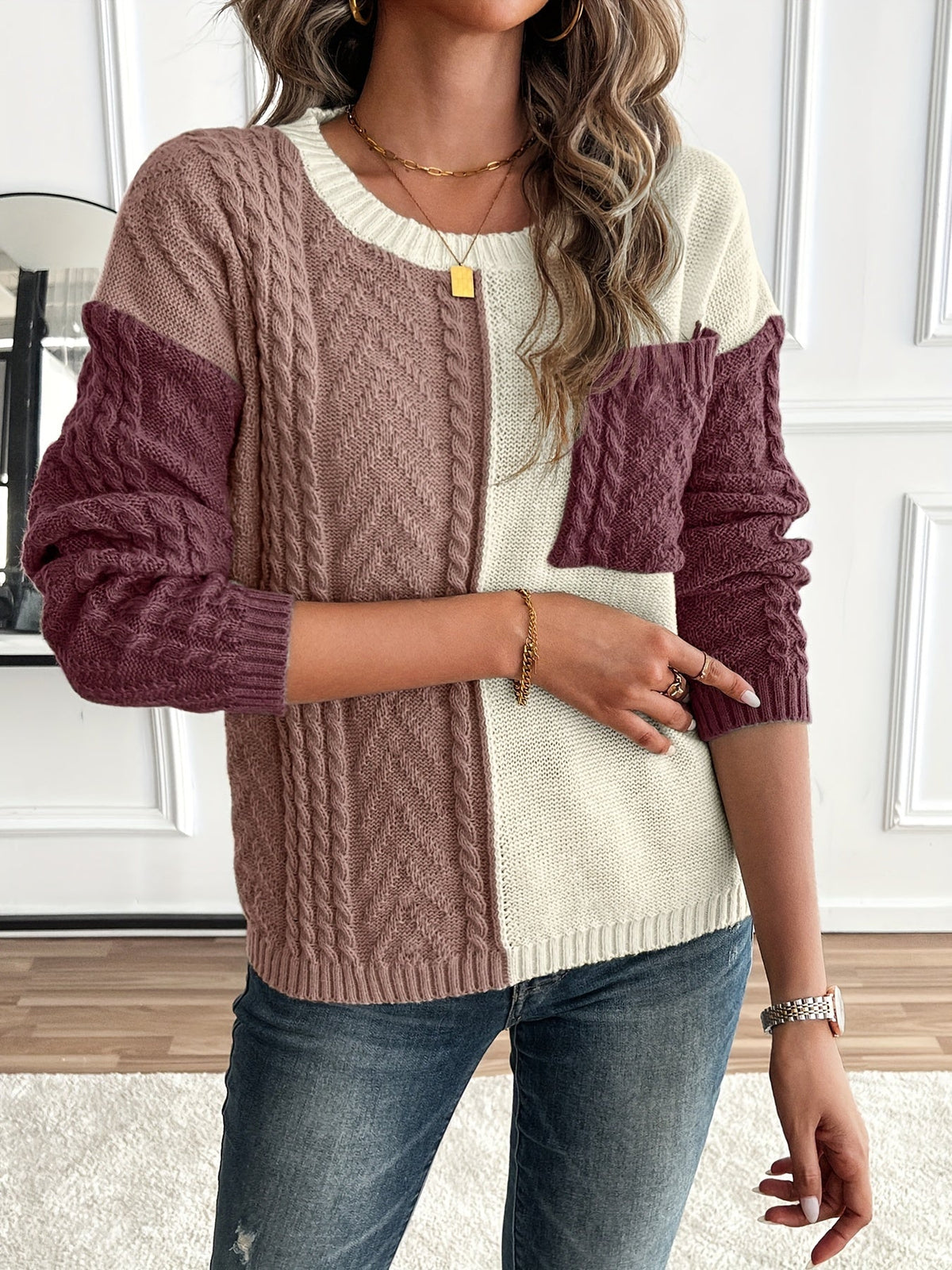 Priscilla-Genevieve | Women's Two-Tone Cable-Knit Sweater