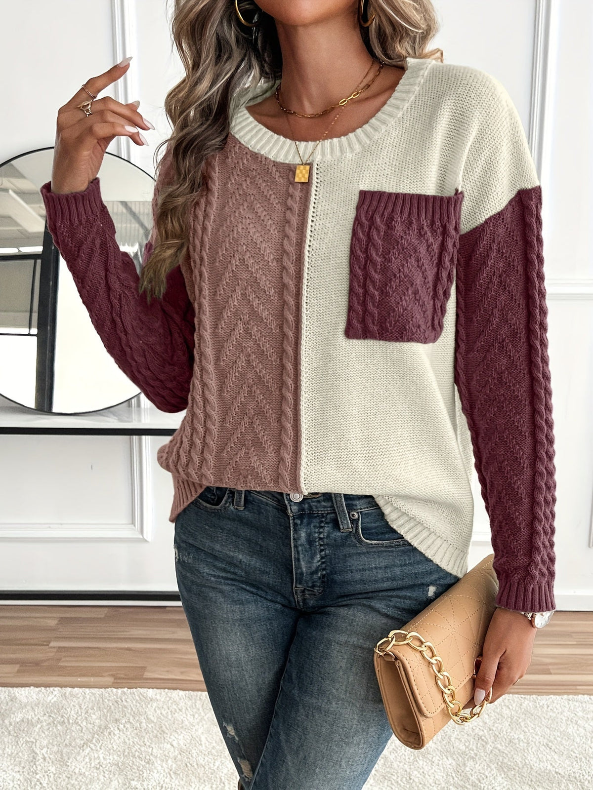 Priscilla-Genevieve | Women's Two-Tone Cable-Knit Sweater