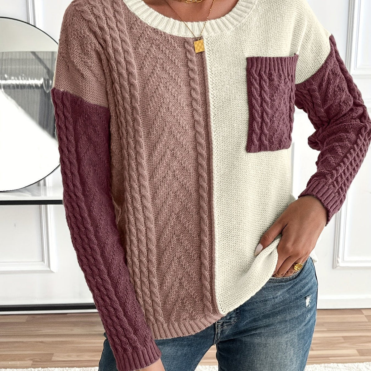 Priscilla-Genevieve | Women's Two-Tone Cable-Knit Sweater
