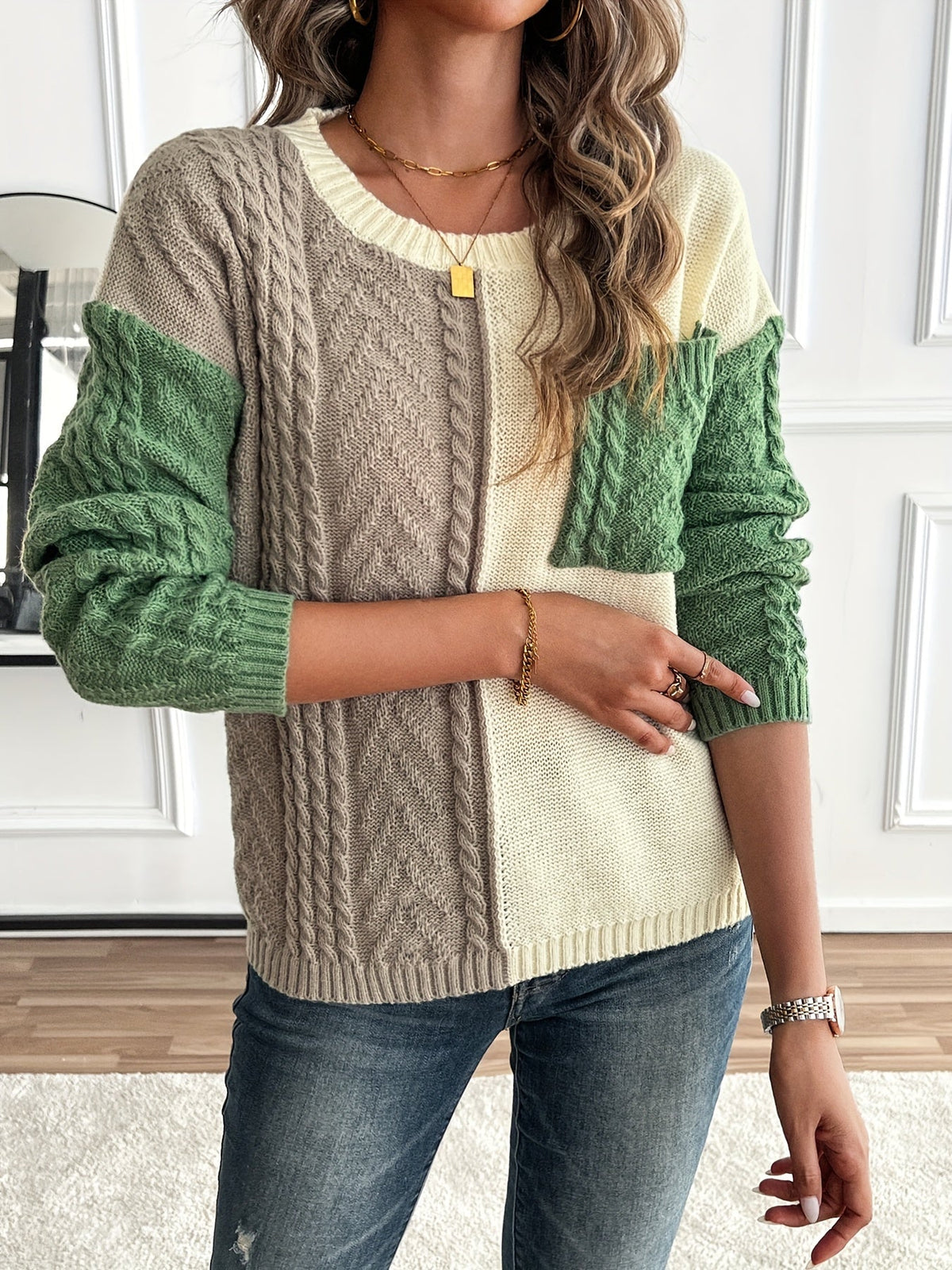 Priscilla-Genevieve | Women's Two-Tone Cable-Knit Sweater