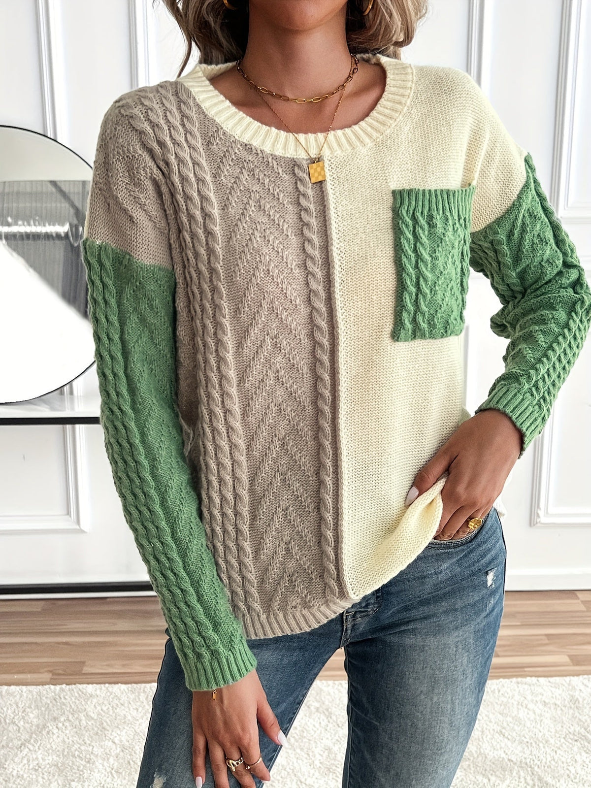 Priscilla-Genevieve | Women's Two-Tone Cable-Knit Sweater