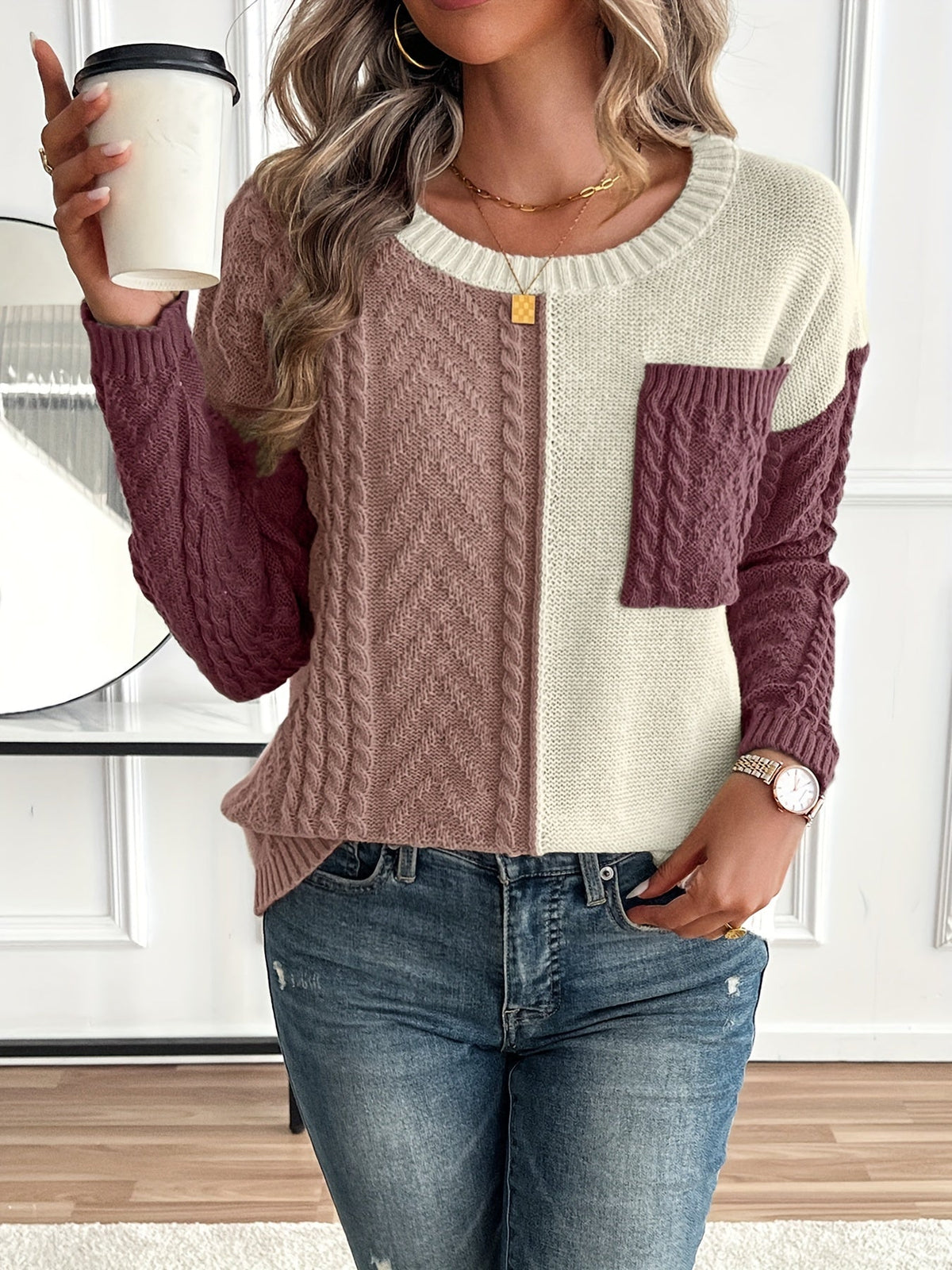 Priscilla-Genevieve | Women's Two-Tone Cable-Knit Sweater